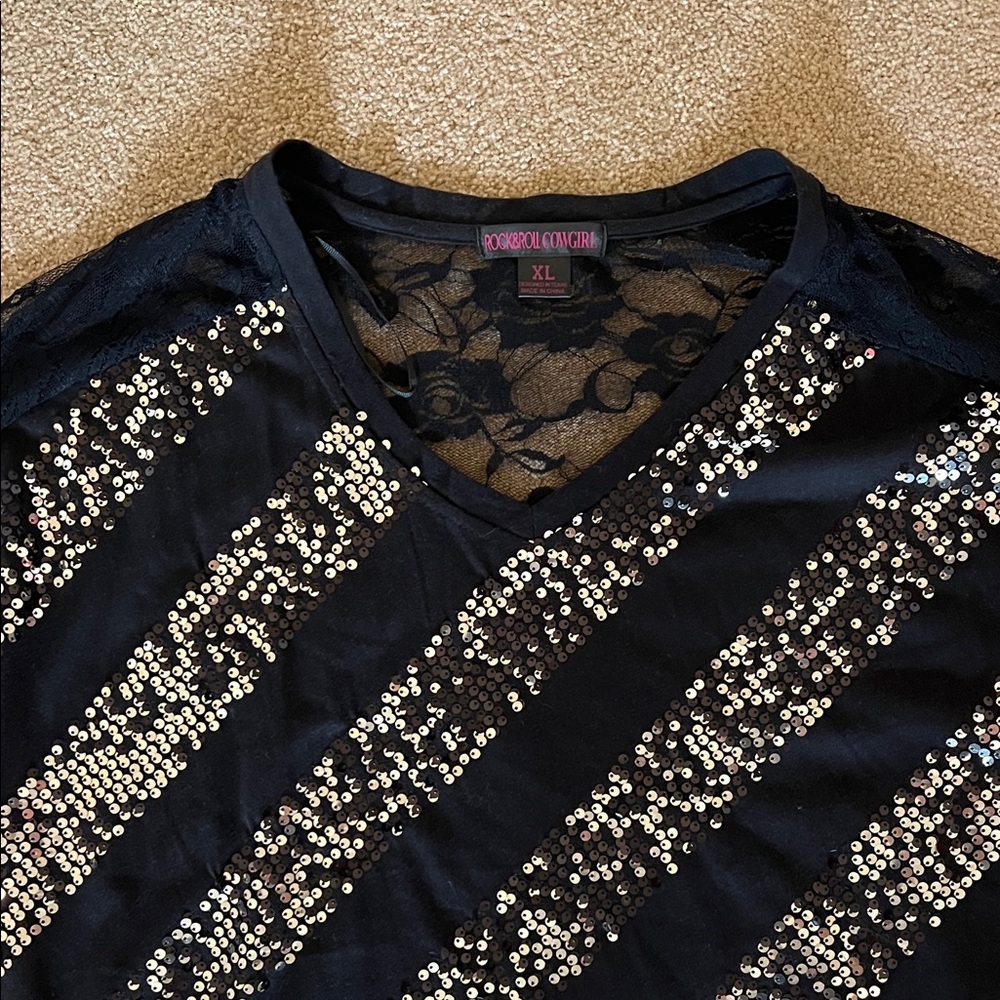 Rock & Roll Cowgirl Black and Silver Sequin Blouse